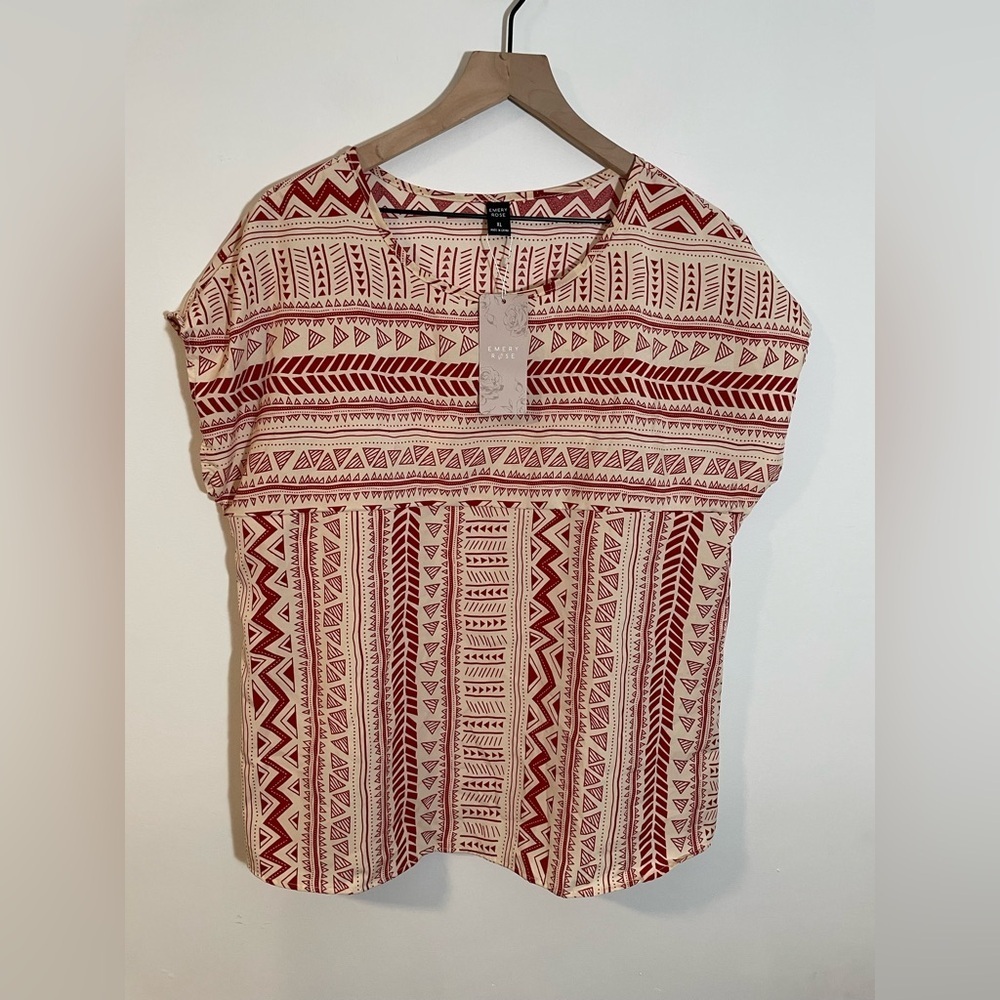 Emory Rose Red White Print Blouse Size XL New With Tags - Picture 1 of 6